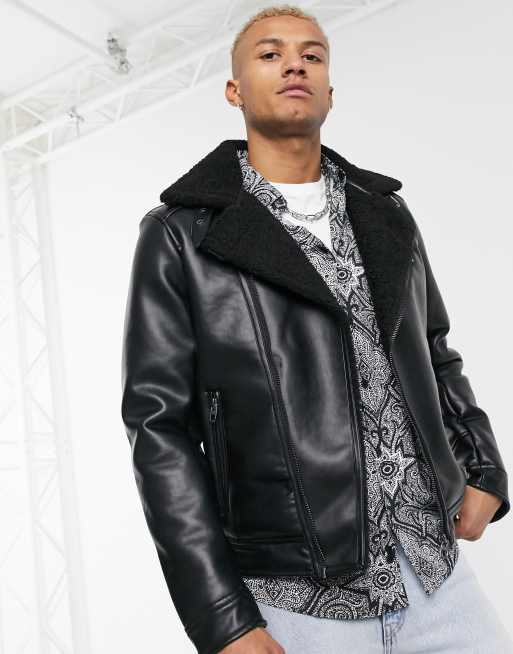 Bershka faux leather aviator jacket with borg lining in black