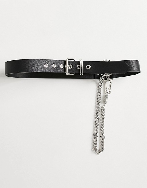 Bershka faux leather belt with chain in black