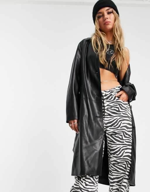 Bershka faux leather belted trench coat in black | ASOS