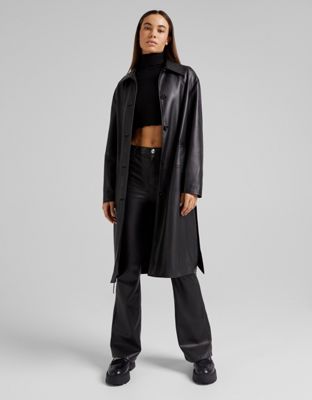 Bershka faux leather belted trench coat in black