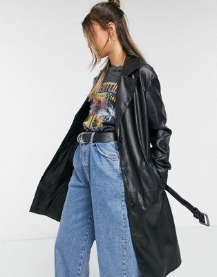 Bershka faux leather belted trench coat in black | ASOS