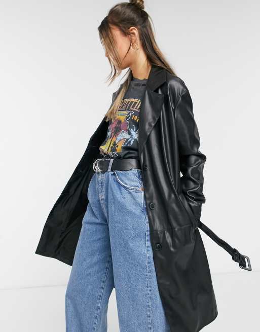 BERSHKA BLACK FAUX Leather Belted Borg Croc Patent Vinyl Trench