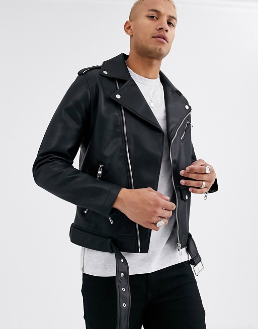 Bershka faux leather biker jacket in black | ASOS