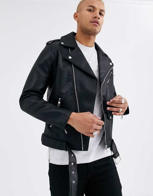 Bershka faux leather biker jacket in black | ASOS