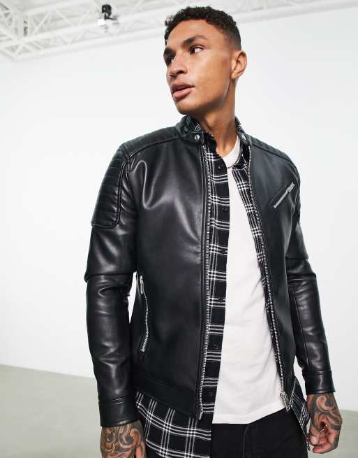 Mens faux leather biker jacket best sale