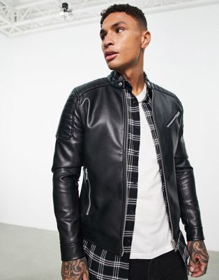 Bershka faux leather biker jacket in black