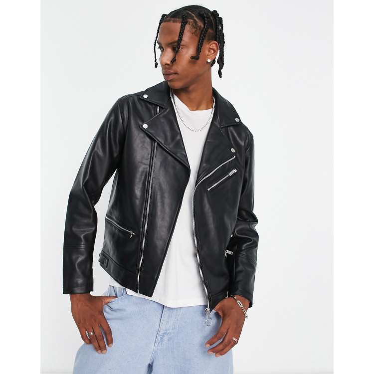 Bershka faux leather biker jacket in black