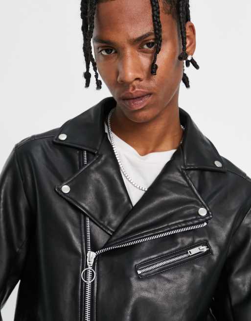 Bershka faux leather biker jacket in black