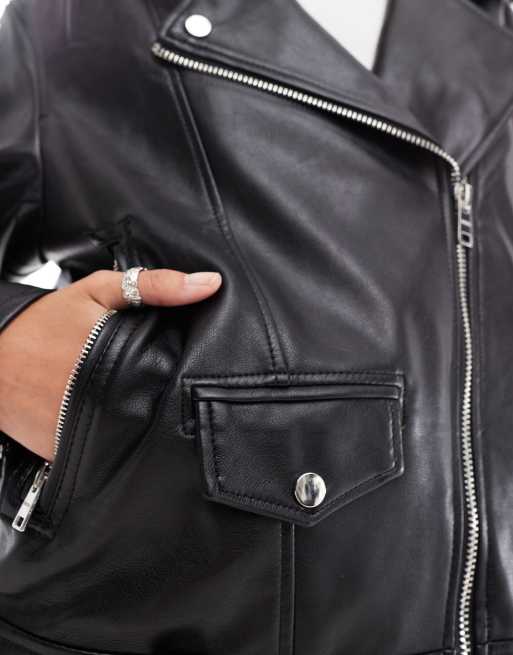 Bershka faux leather biker jacket in black