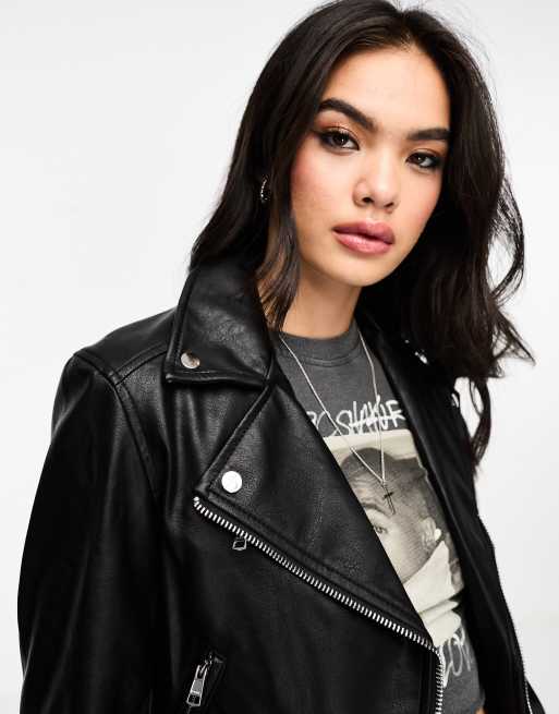 Bershka Faux Leather Biker Jacket In Black