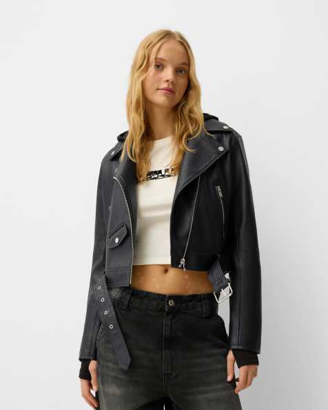 Bershka faux leather biker jacket in black  