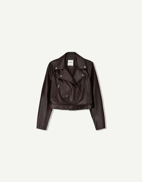 Bershka faux leather biker jacket in brown - view 1