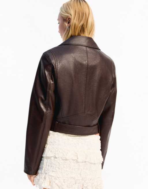 Bershka faux leather biker jacket in brown | ASOS