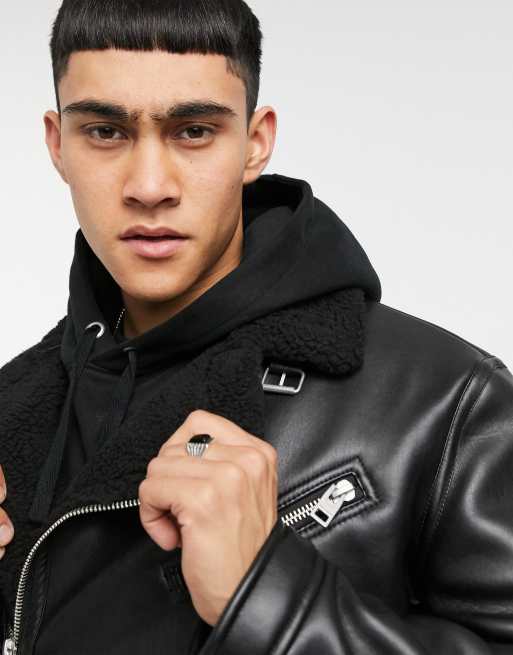 Bershka Faux Leather Biker Jacket With Borg Collar In Black