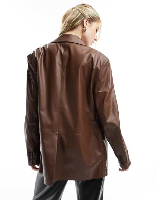 Bershka faux leather blazer in deep chocolate, 3 of 4