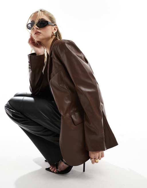 zara brown leather blazer
