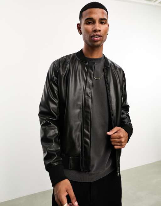 Bershka Faux Leather Jacket in Black for Men