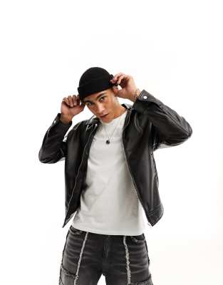 Bershka faux leather bomber jacket in black