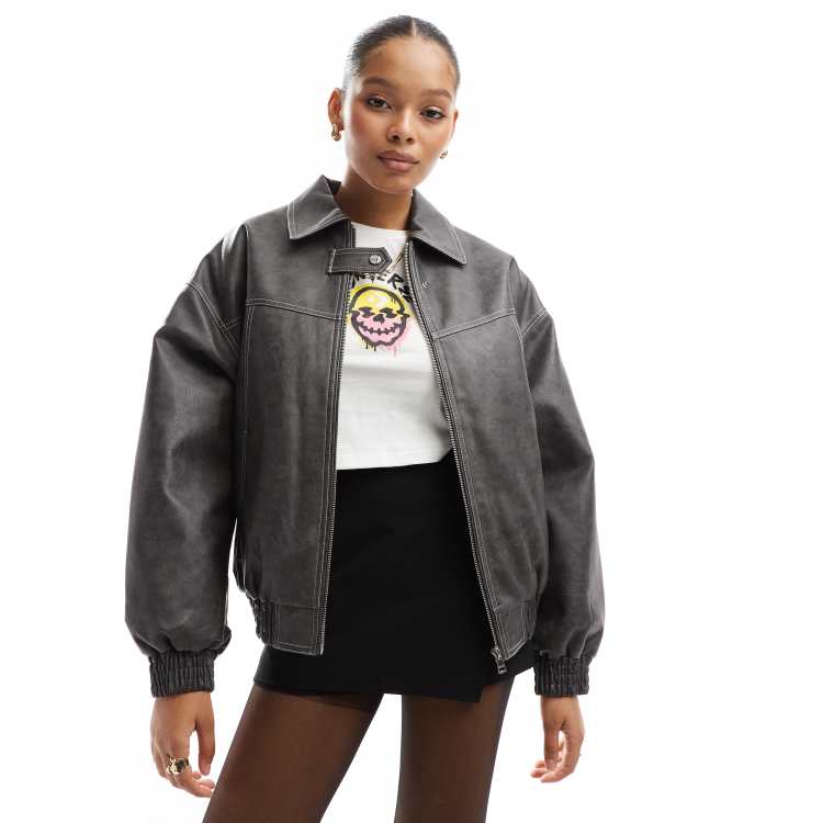 Bershka faux leather boxy jacket in dark grey | ASOS
