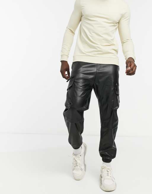 Bershka faux leather cargo joggers in black ASOS