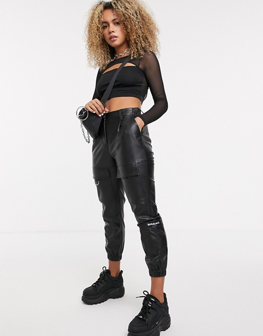 Bershka faux leather cargo pant in black