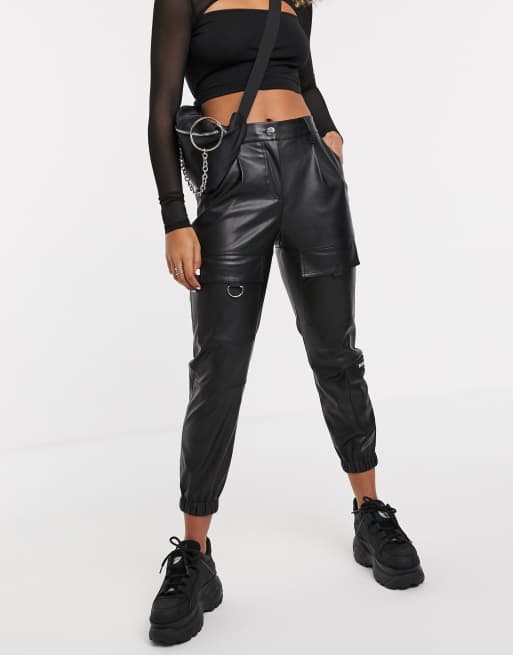 Bershka faux leather cargo pant in black ASOS