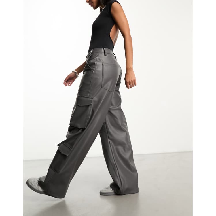 Bershka faux leather cargo pants in gray