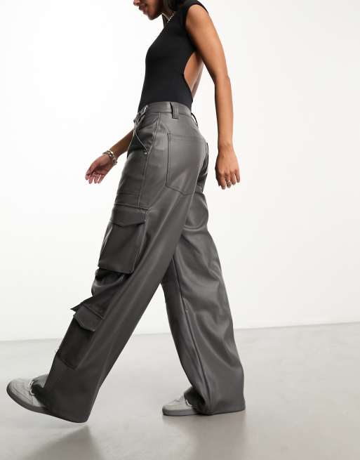 Plus Brown Washed Faux Leather Pocket Detail Cargo Pants