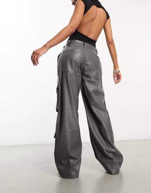 Bershka faux leather cargo pants in gray