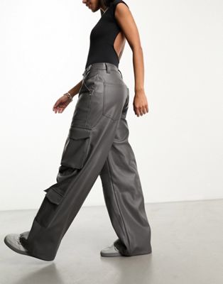 Bershka faux leather cargo trousers in grey - ASOS Price Checker