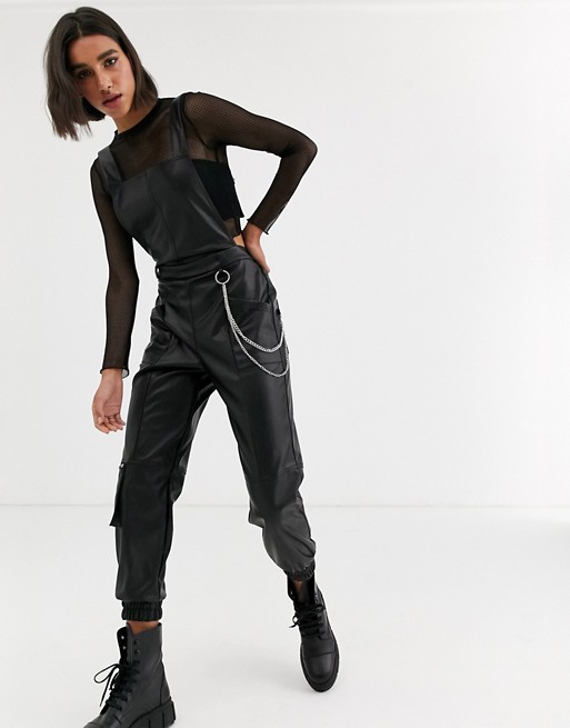 Bershka faux leather chain detail jumpsuit in black