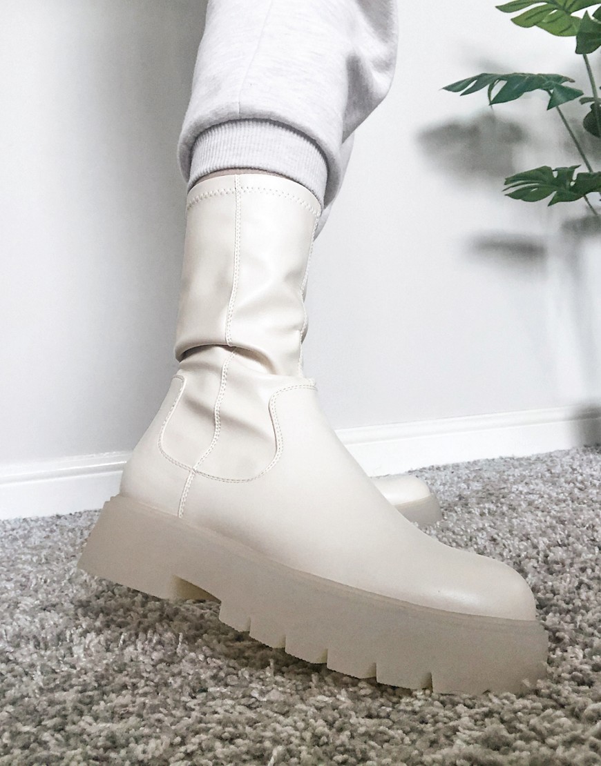 Bershka faux leather chunky sock boot in ecru-White