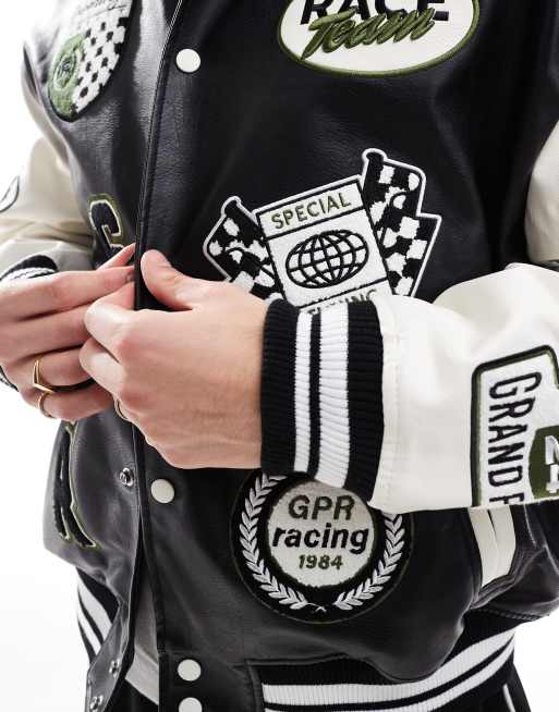 Bershka faux leather contrast sleeve bomber jacket in black, 2 of 4