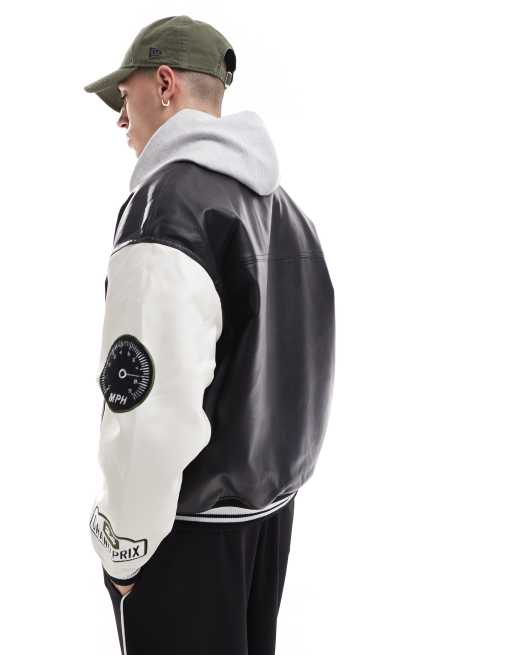 Bershka faux leather contrast sleeve bomber jacket in black