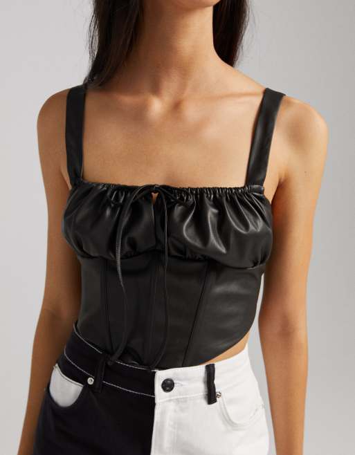 Bershka faux leather corset tie detail crop in black