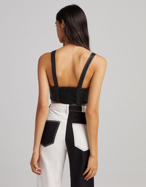 ASOS DESIGN skinny crop tank top in black faux leather with corset detail