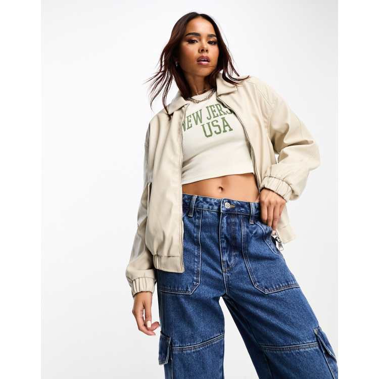 Bershka faux leather dad jacket in ecru | ASOS