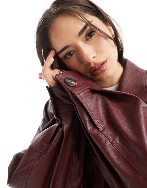 Bershka faux leather double breasted jacket in burgundy | ASOS