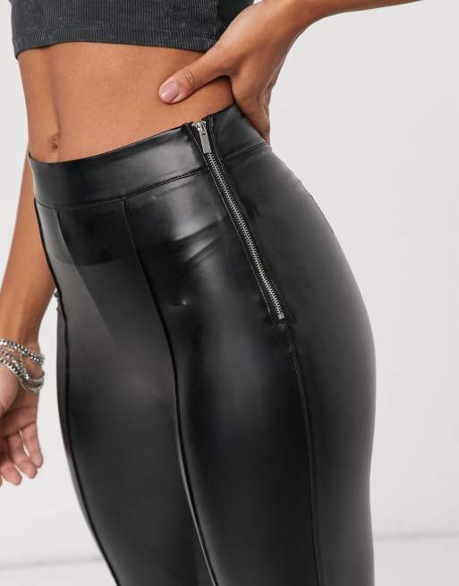 Bershka faux-leather flared pants in black, 3 of 4