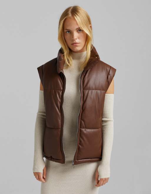 Bershka faux leather gilet in chocolate brown