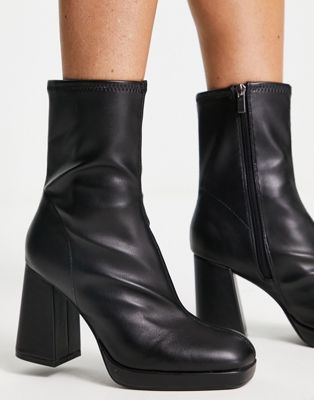 Bershka faux leather heeled ankle sock boot in black