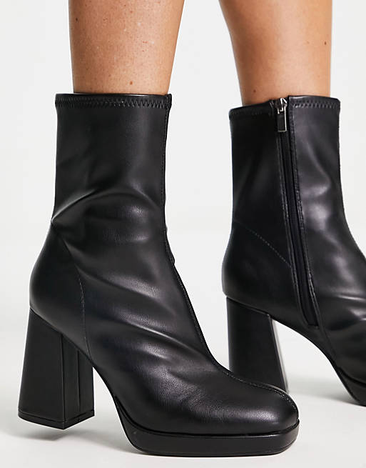 Bershka faux leather heeled ankle sock boot in black | ASOS