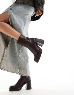 faux leather heeled boots in dark brown