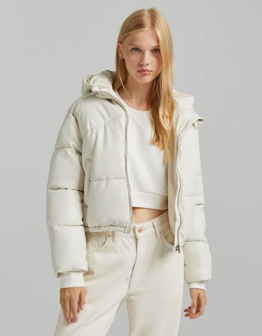 Bershka faux leather hooded puffer in cream | ASOS