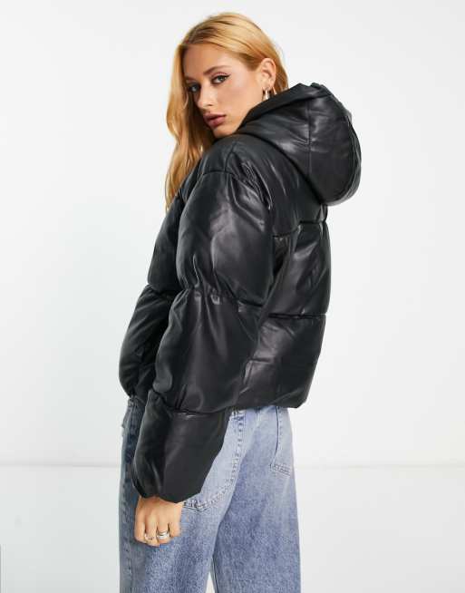 Faux-Leather Hooded Puffer Jacket-