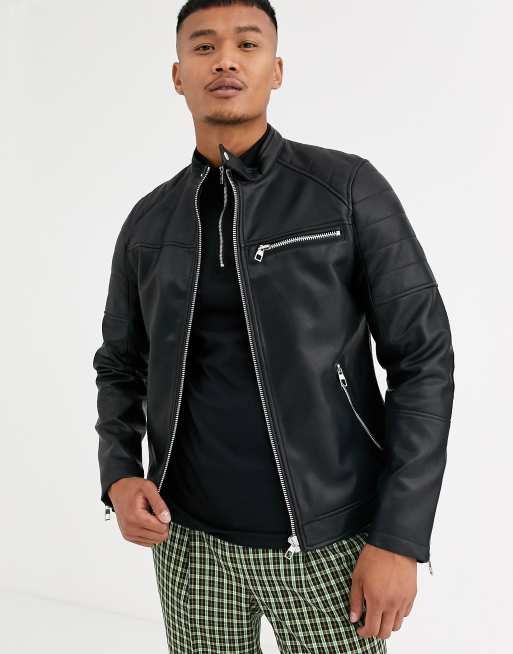 Bershka Faux Leather Jacket in Black for Men