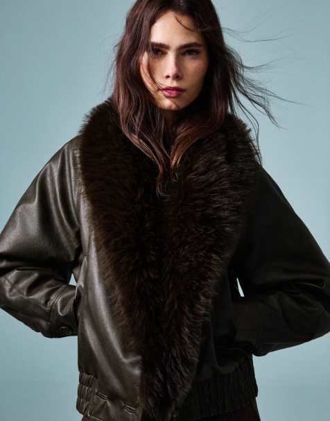 Bershka Faux leather jacket with faux fur collar in brown - view 1