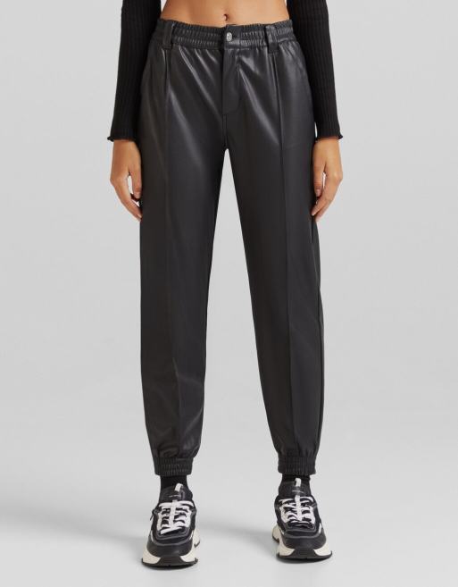 Bershka faux leather jogger in black