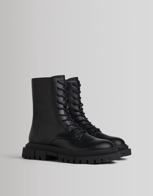 Bershka faux leather lace up ankle boots in black