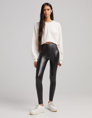 Bershka faux leather croc legging in black